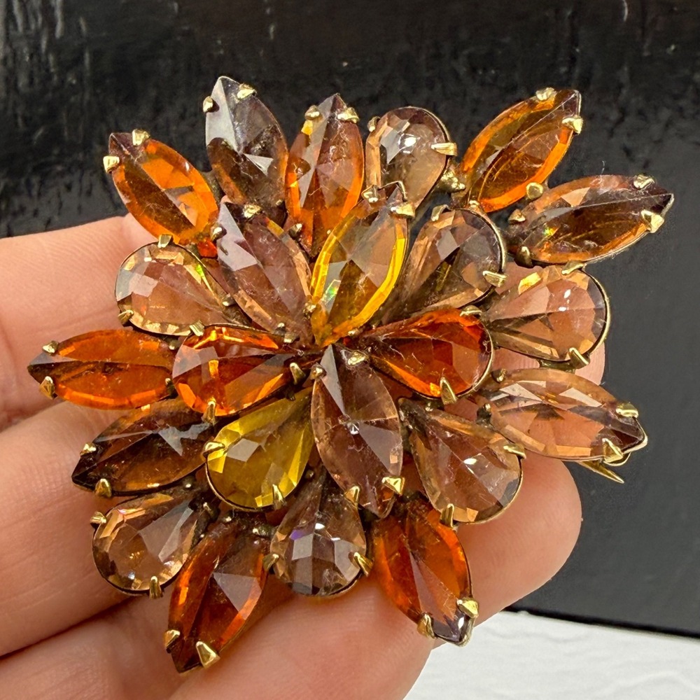 Vintage Estate Rhinestone Brooch Orange Fall Autumn Open Back Gold Tone